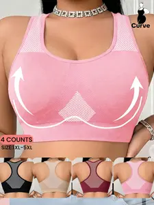 Plus Size Women's Soft Comfortable Mesh Breathable Wide Strap Bra, Plain Color Wireless Bra, Elastic Skin-Friendly Vest, Daily Basic Underwear, All Seasons