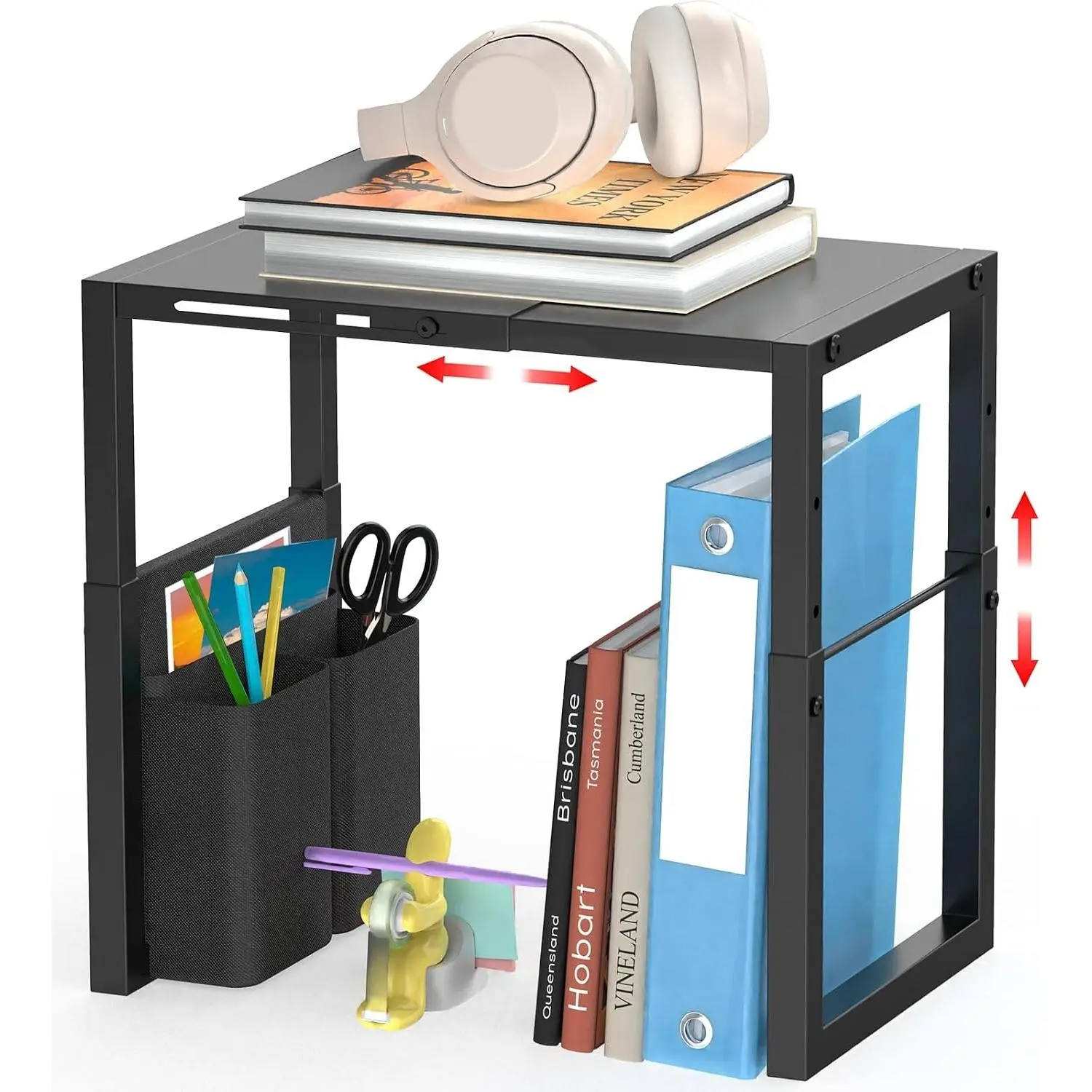 Metal Adjustable Locker Organizer Shelf with Pockets, Fits School, Office and Gym Lockers, Extends Locker Storage Organization, Black