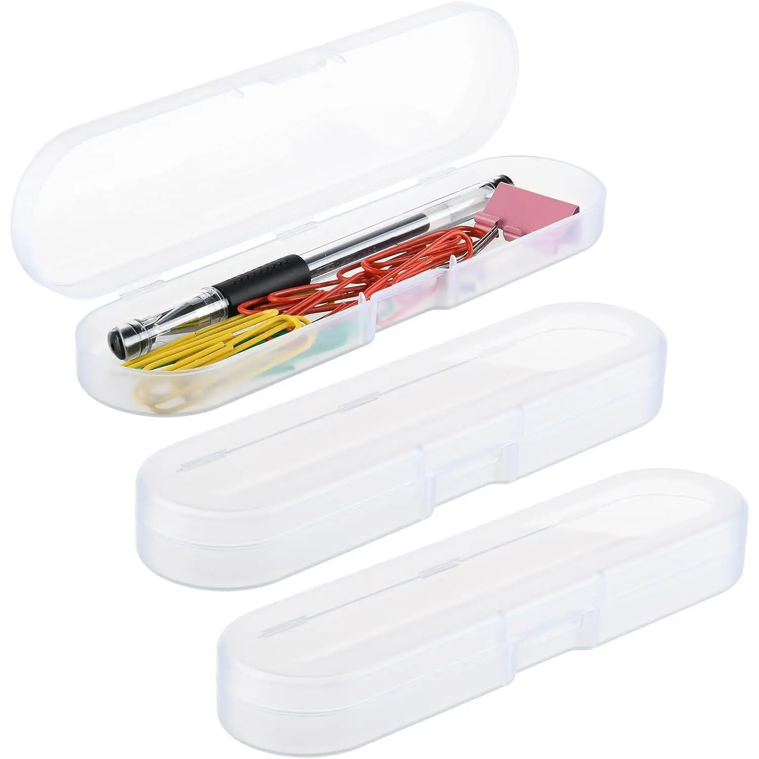 Clear Color Pack of 3 Mini Craft Pencil Container Case Storage Box, Snap Closure for Pen, Pencils, Office Supplies, Markup Brush, Frosted Clear, 7" x 1-5/8" x 7/8"