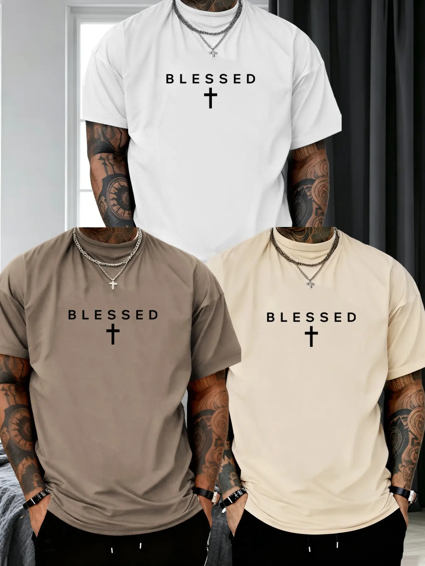 Men's Round Neck Short Sleeve T-Shirt, Classic Letter Cross Graphic Pattern Print, Casual Soft Comfortable Top, Summer Outdoor Fashion