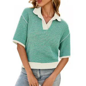 Cicy Bell Womens Striped Cropped Sweaters Tops Color Block Short Sleeve Knit V Neck Fall Casual Pullover