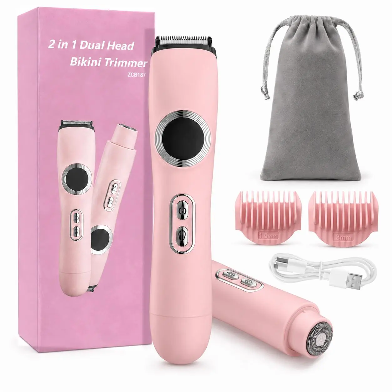 Bikini Trimmer for Women, 2-in-1 Electric Razors for Womens with Painless Ceramic Blades, IPX7 Waterproof Wet & Dry Use, Rechargeable Dual Head Electric Shaver for Pubic Legs Underarm Face Hairs& Body