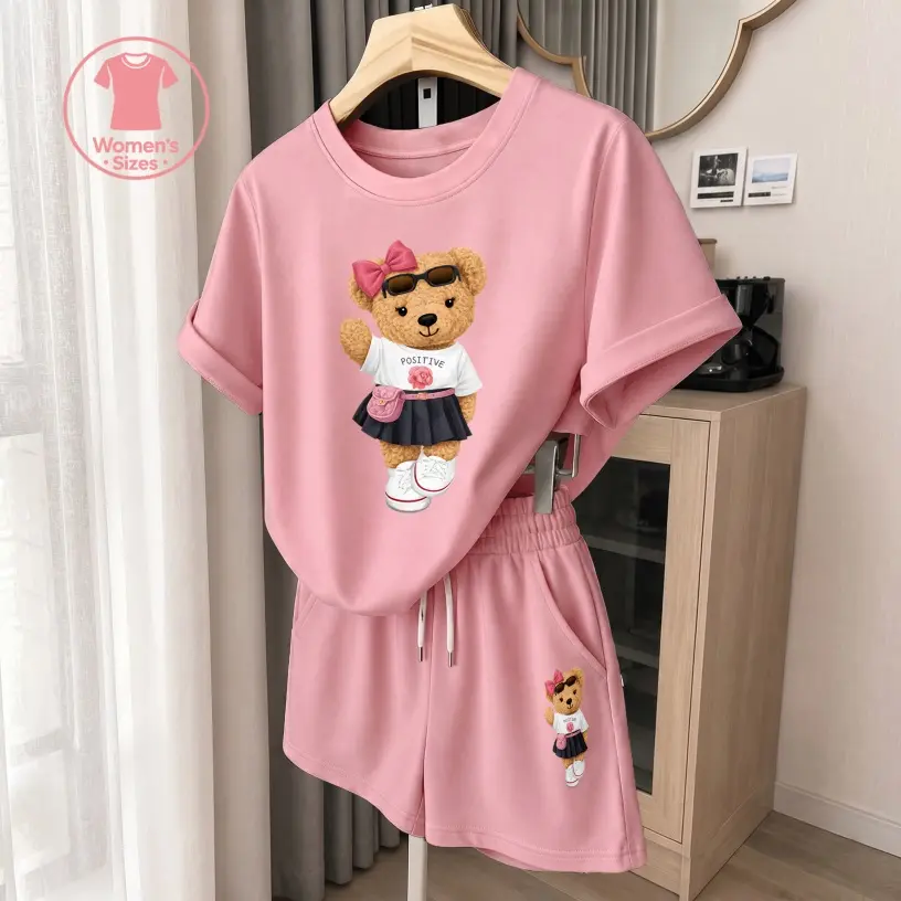 Women's Cute Bow Graphic Short Sleeve T-Shirt And Shorts Set, Casual Summer Two-Piece Outfit With Crew Neck Top And Drawstring Waist Shorts For Daily Wear
