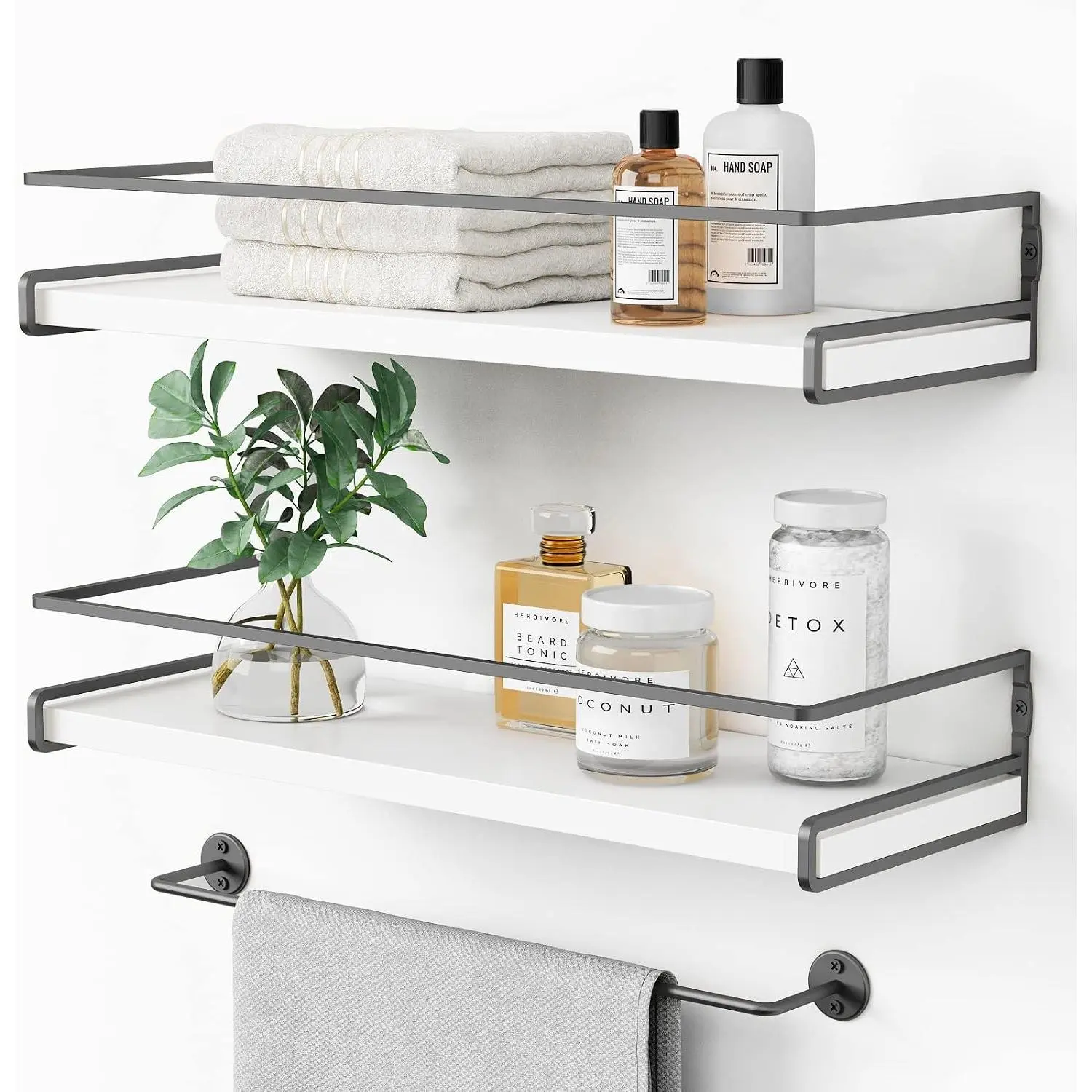 White Floating Shelves for Bathroom Organizer Over Toilet, Bathroom Shelves Wall Mounted with Towel Rack, Corner Wall Shelf for Bedroom Decor Kitchen Storage (White-Dark Grey, Set of 2)