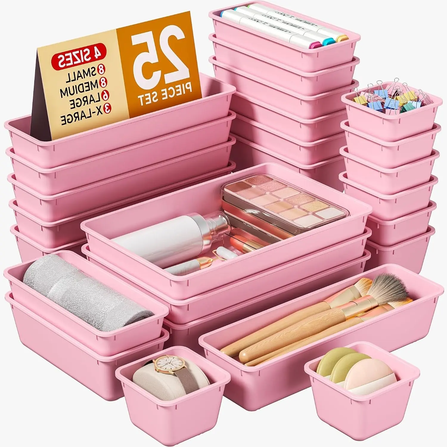 25 PCS Plastic Drawer Organizers Set, 4 Sizes Vanity Organizer Trays for Makeup, Desk, Bathroom, Kitchen Utensils and Office, Storage and Organization, PinkGift