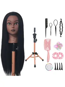 Black mannequin head with hair 66.04 cm mannequin doll head styling mannequin head, containing a mannequin holder, styling tools, etc., suitable for hairdressers and stylists to design and practice hairstyles.