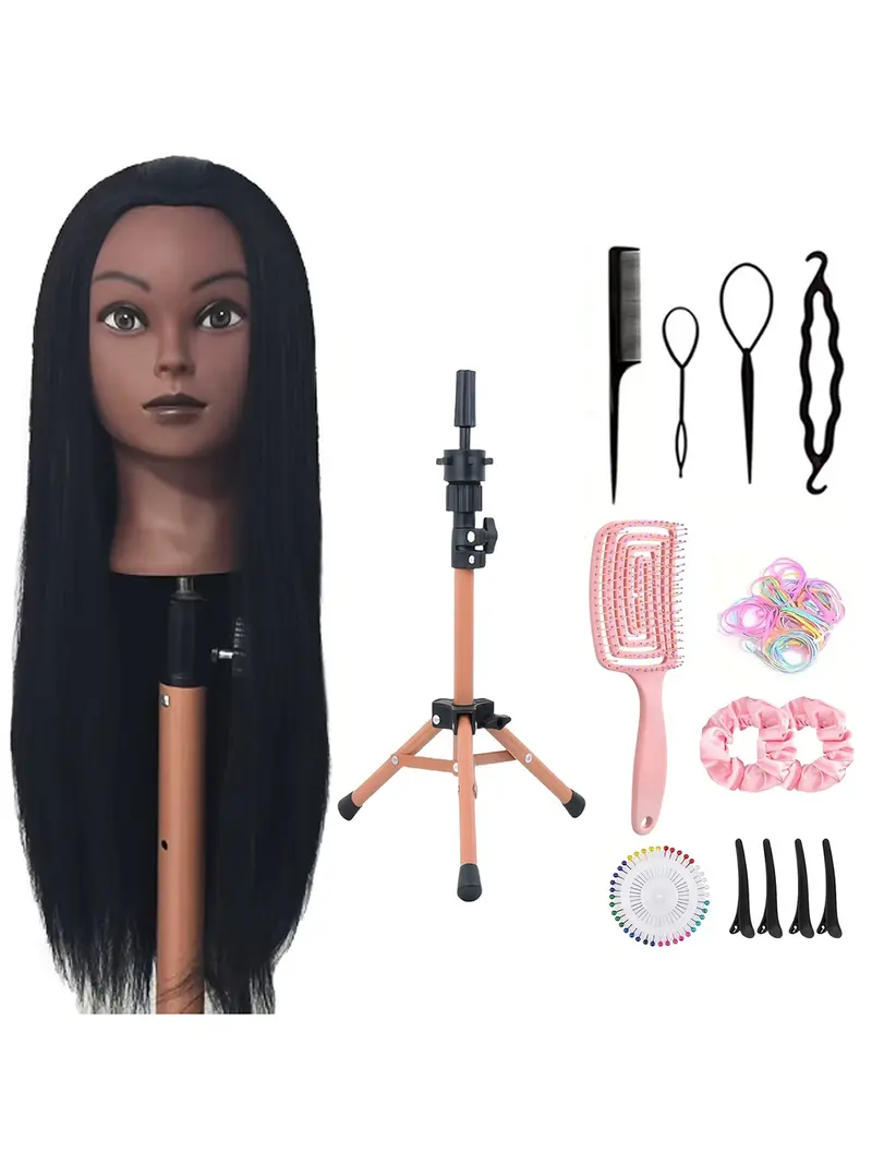 Black mannequin head with hair 66.04 cm mannequin doll head styling mannequin head, containing a mannequin holder, styling tools, etc., suitable for hairdressers and stylists to design and practice hairstyles.