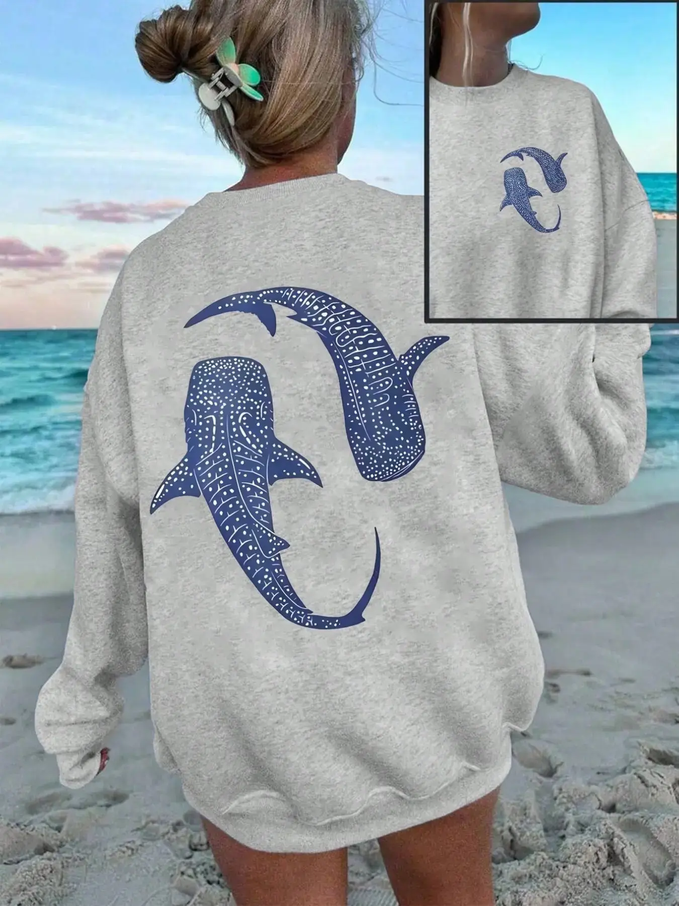 Women's Whale Shark Print Loose-Fit Sweatshirt, Casual Long Sleeve Round Neck Pullover, Fall Winter Outerwear, Daily Wear Top