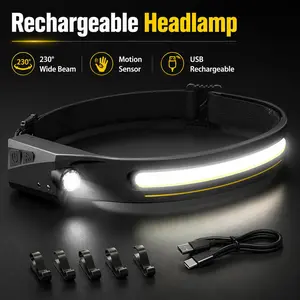 Rechargeable LED Headlamp, 230° Wide Beam Head Light with Motion Sensor, Portable Outdoor Headlamp for Camping, Hiking, Fishing & Night Work