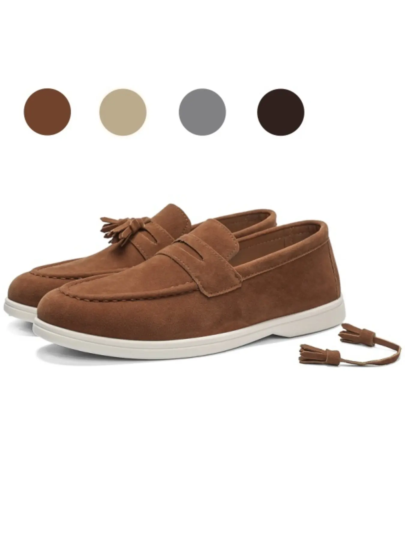 Men's Vintage Suede Tassel Penny Loafers, Fashionable Casual Loafers, Slip-on design, classic penny strap with tassels for British style, lightweight cushioned off-white outsole, casual PU Leather Shoes for office & business meetings, Pu Leather Footwear
