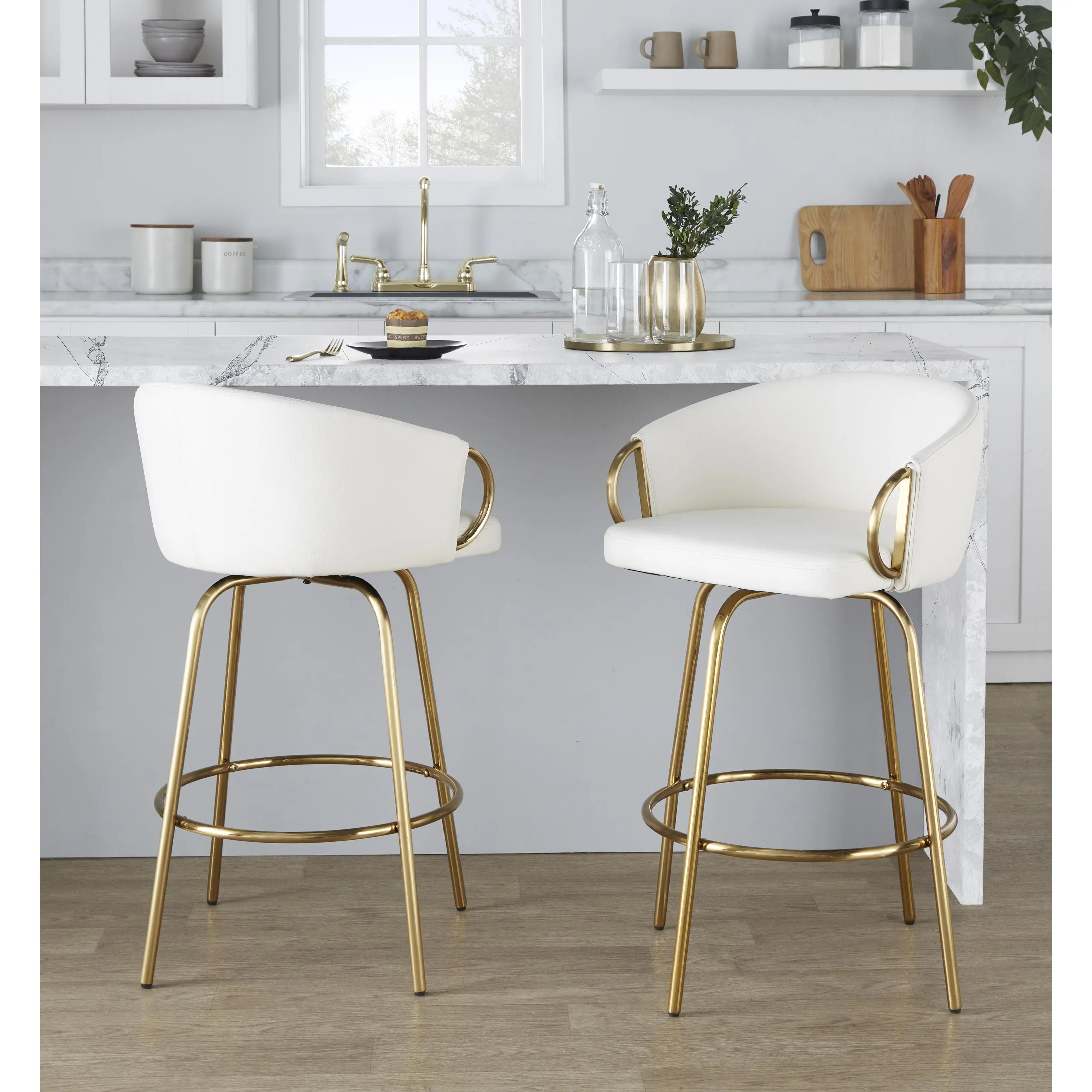 Nokaa 2-Piece 26-Inch Contemporary Swivel Barstools - Gold Metal Frame, White Faux Upholstered Swivel Seat, Round Gold Footrest for Kitchen Island, Dining, Barstool