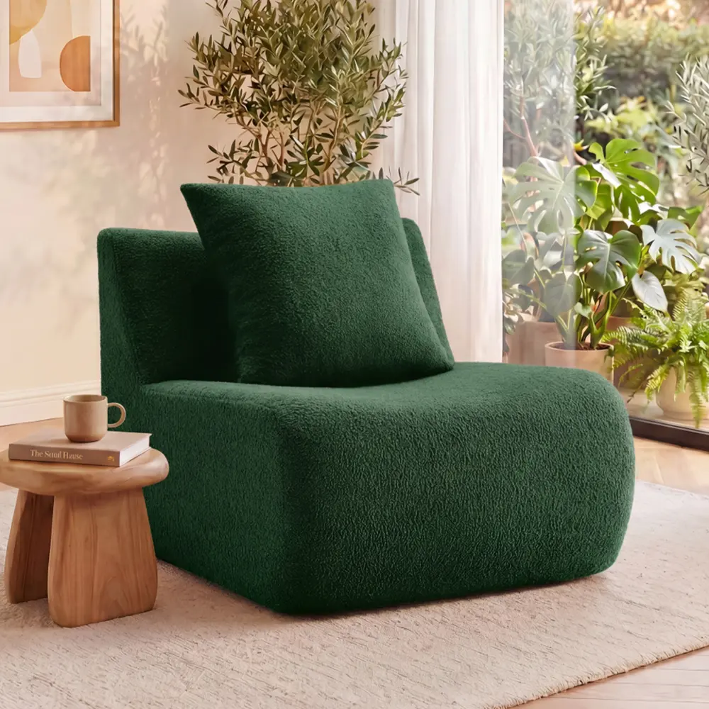 Teddy Fabric Green Armless Loveseat Sofa with Pillow, Wrinkle-Resistant Plush-Fill Upholstery, Removable Cushion, Modern Comfy Small Space Furniture for Living Room, Office