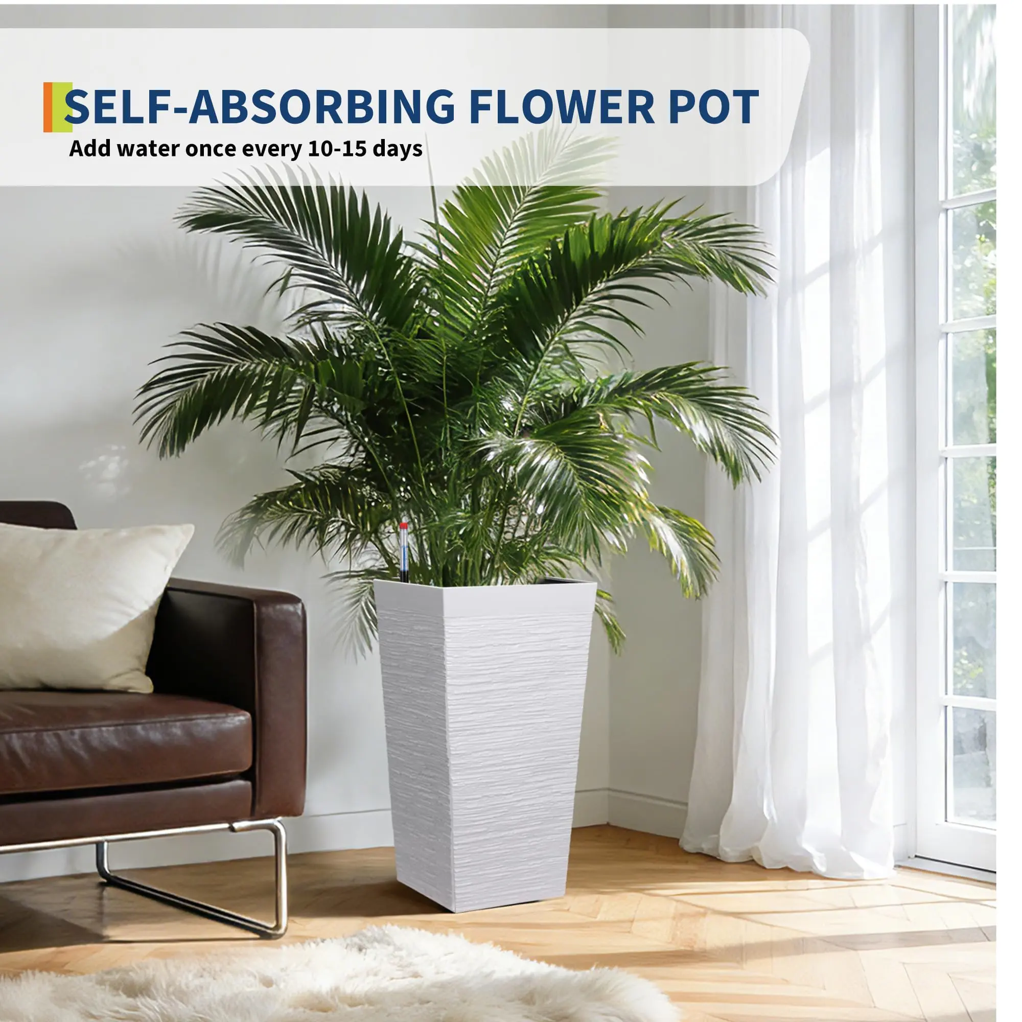 2‑Pack 22.5 Inch Large Self‑Watering Tall Planters, Indoor‑Outdoor Flower Pots With Water Level Indicator and Drainage Holes, Sturdy Plant Container for Patio, Porch and Garden