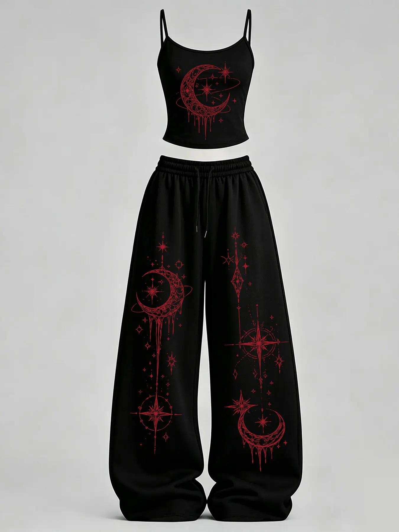 Women's Home Casual, Star Moon Astrology Print Slim Fit Tank Top + Loose Pants Set, Y2K, American Street Style, Daily Wear, Campus, Home Relax