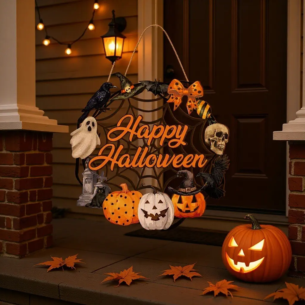 Halloween Theme Hollow Door Hanging Wreath, Vintage Horror 3D Pumpkin Ghost Decor, Entryway Courtyard Atmosphere, Halloween Party Decoration