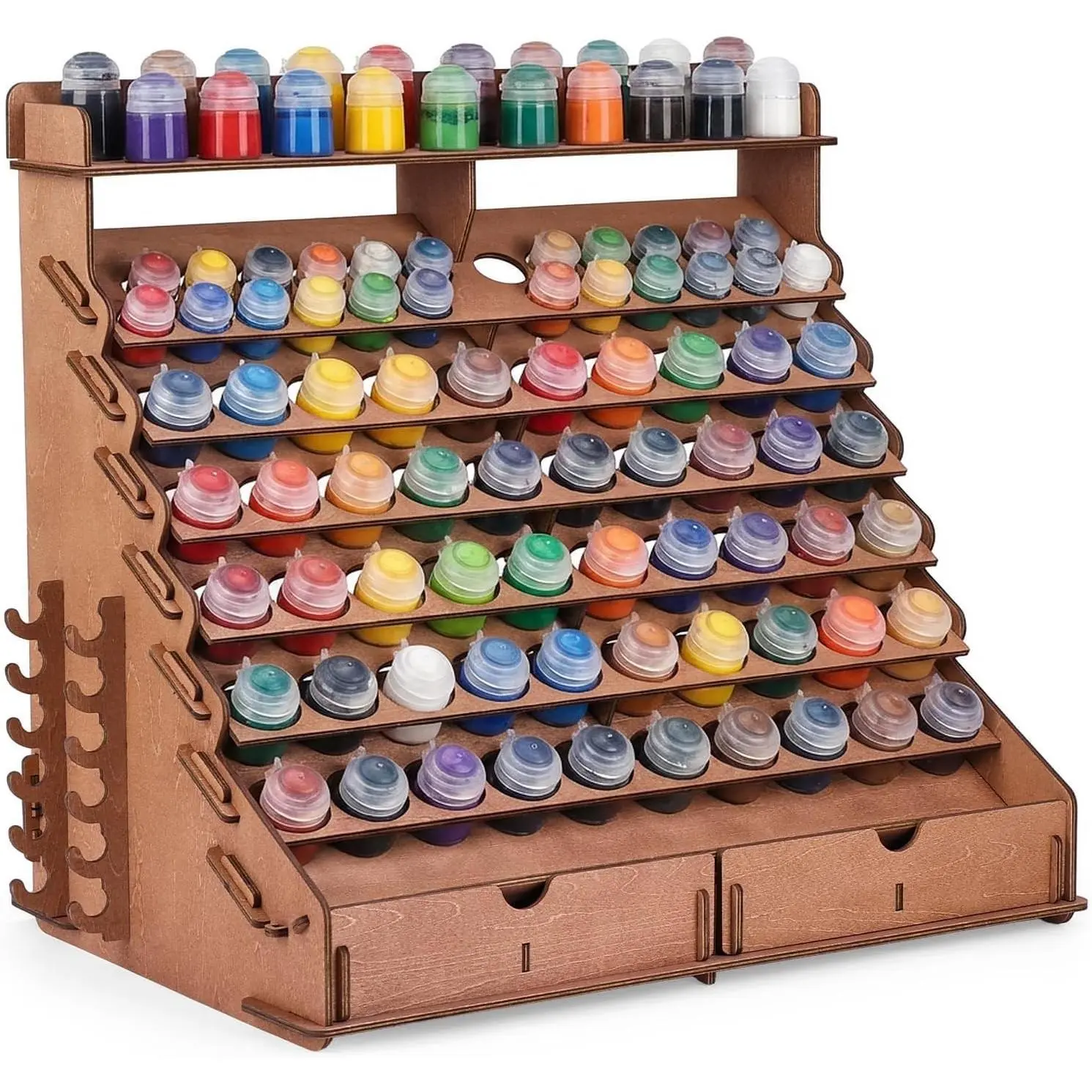 Wooden Paint Organiser, 90 Holes Paint Storage Rack Suitable for Vallejo, Citadel, Tamiya Paint Bottles, Plywood Organizer with 2 Drawers 2 Minis Stands and 6 Side Brushes Holders