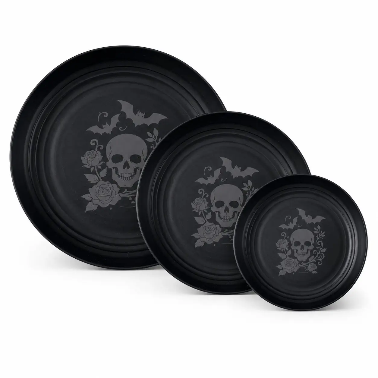 Halloween Skull Rose Round Tray Set, 3-Piece PP Material, Large Medium Small Serving Dishes, Perfect for Halloween Parties