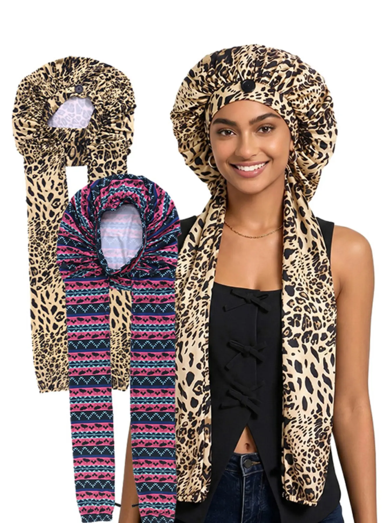 2pcs/lot New European and American Long Tube Ice Silk Sleep Cap, Elastic Hair Sleep Hat for Women, Dreadlock Care Cap