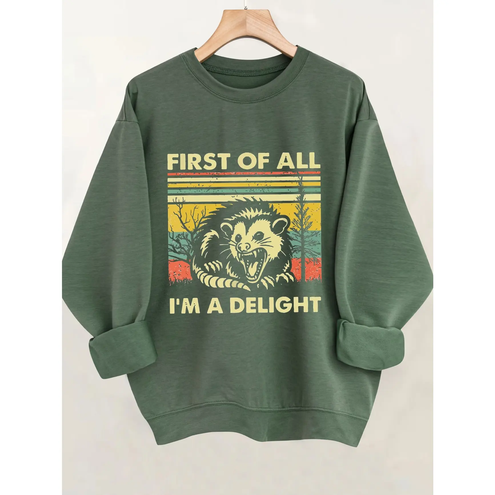 First Of All I'm A Delight Opossum Retro Graphic Cotton Crewneck Sweatshirt, Oversized Comfort Fashion Outfit, Cute Animal Meme Gift For Him Her, Best Holiday Valentine’s Day Present For Family Friend