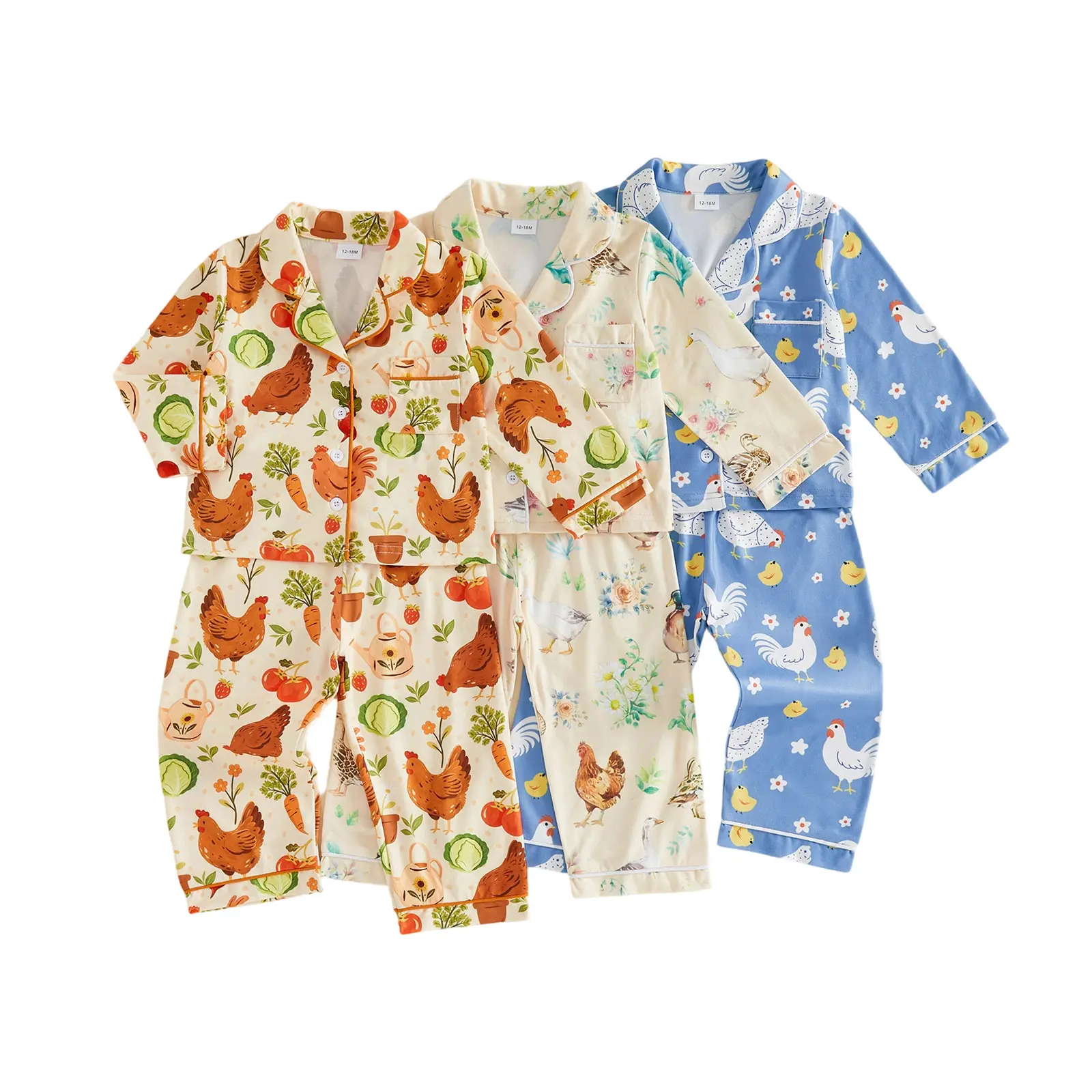 Toddler Baby Little Boy Girl Pajamas Set Rooster Hen Print Tops and Pants Fall Winter 1-6 Years