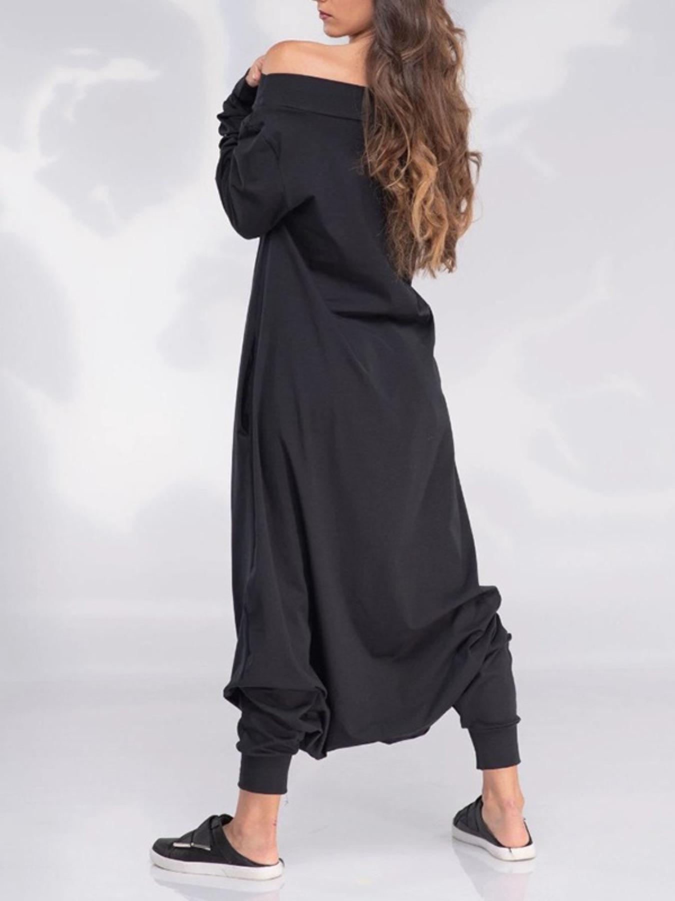Women's Solid Woven Off-Shoulder Long Sleeve Jumpsuit, Casual Comfy Loose Jumpsuit for Spring & Fall, Ladies Clothes for Daily Wear