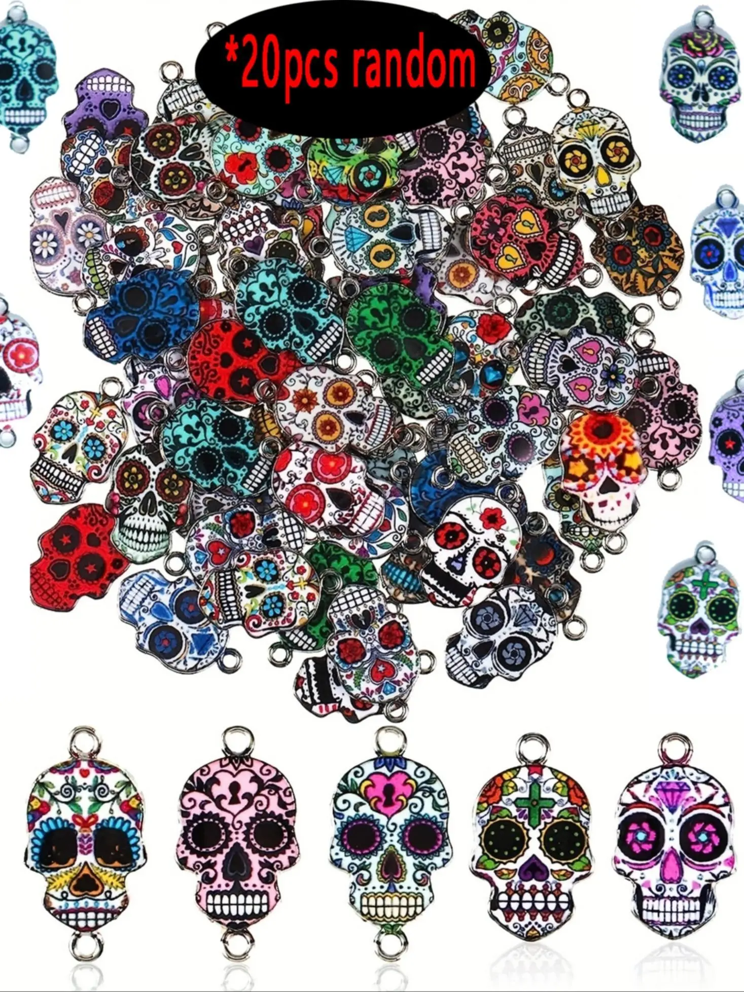 20pcs enamel Halloween skull pendants, Charms candy skull pendants, jewelry making necklaces, bracelets, earrings, handicrafts, accessories