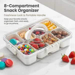 8 Compartment Divided Snack Food Container with Portable Handle & Airtight Lid, Leakproof Fruit Storage Nut Serving Tray for Road Trip, Picnic & Party