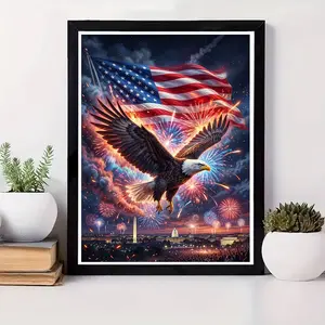 A 2D Flat Unframed Handmade DIY Diamond Painting Kit - American Flag Bald Eagle Fireworks Theme, Gorgeous Holiday Night View, High-Definition Pattern, Shiny Diamonds, Suitable for Home Decoration, Holiday Gifts, Patriotic Scene Arrangement