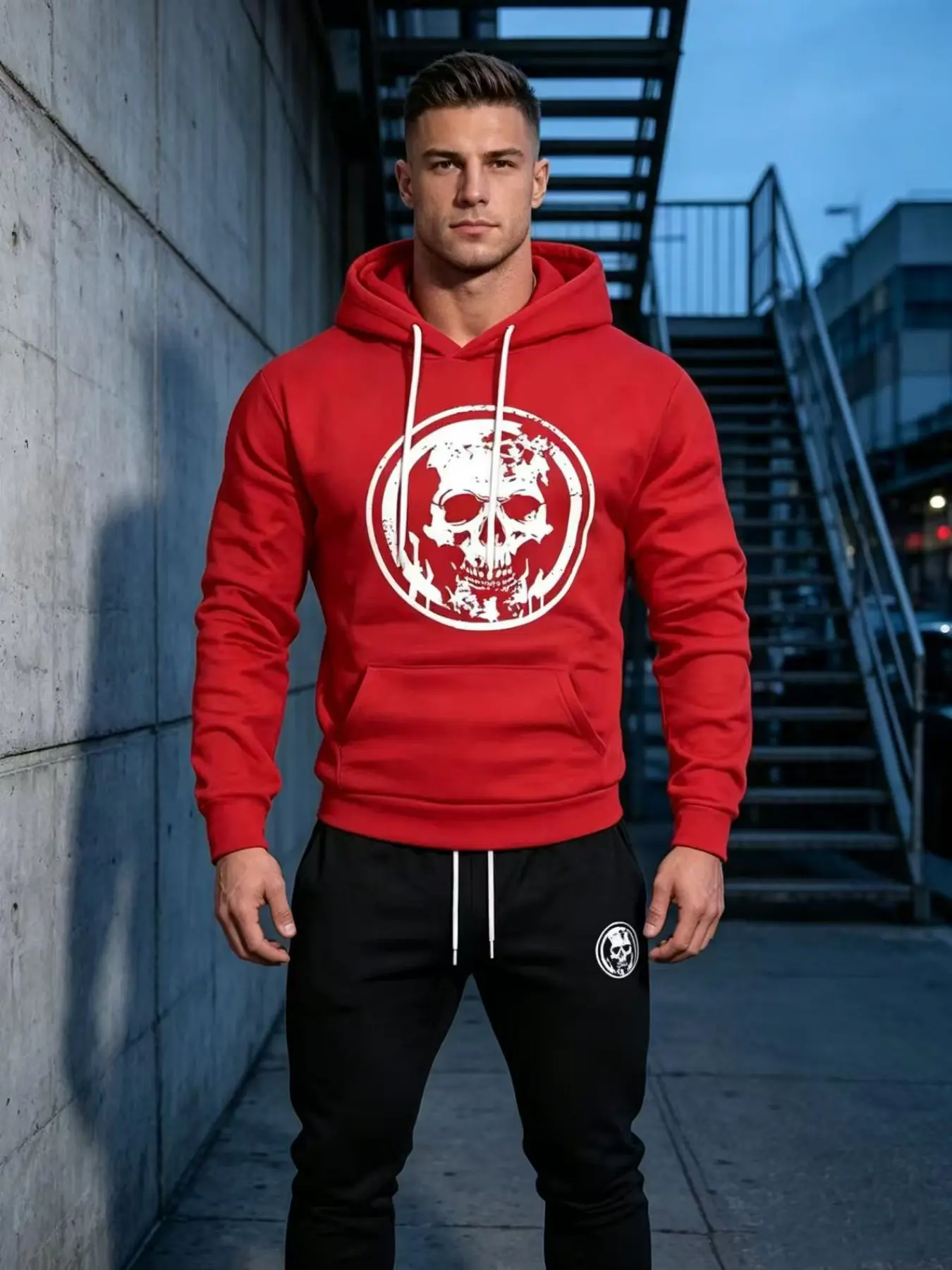Men's Skull Print Set, 2-Piece Casual Polyester Hoodie and Pants, Long Sleeve, Slim Fit, Fall Winter Fashion
