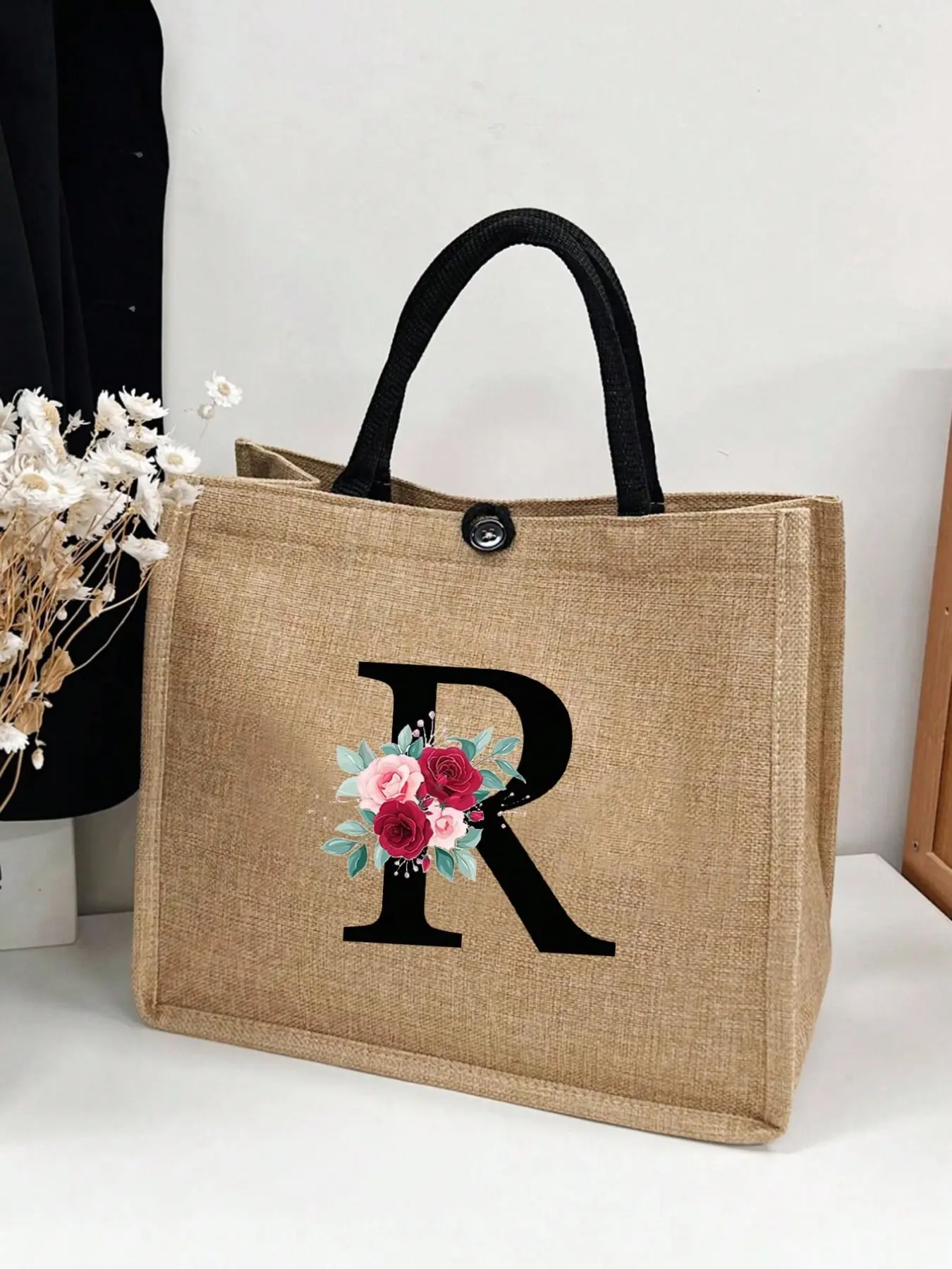 Linen Floral Letter Handbag, Large Capacity Tote Bag, Travel Bag, Weekend Bag, Personalized Gift Bag, Christmas Tote, Teacher Gift, Graduation Gift