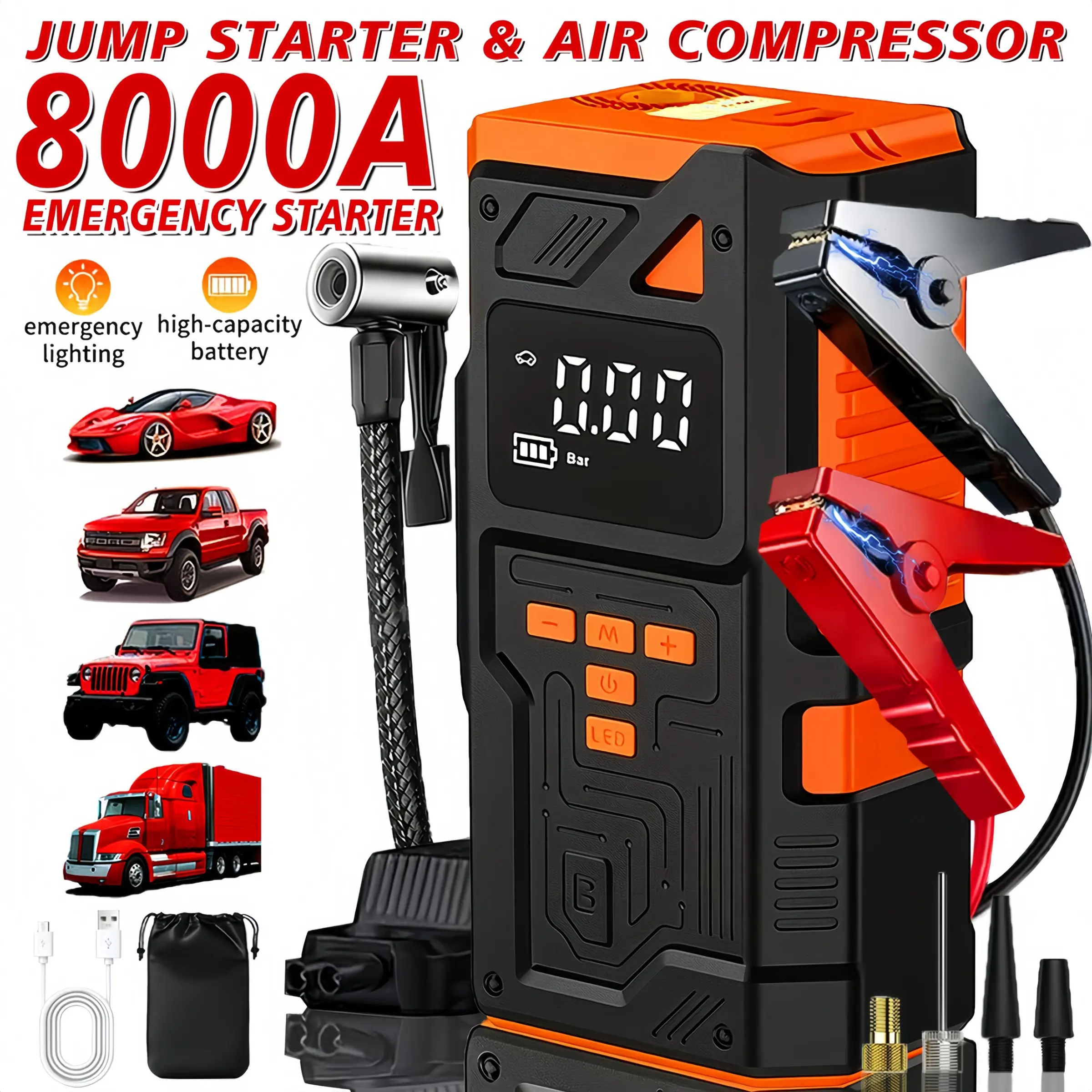 180psi Portable Air Compressor, 8000a Multi-Function Emergency Starter, Car Battery Charger, Digital Tire Inflator, LED Light, Compact Design, Cordless Air Compressor