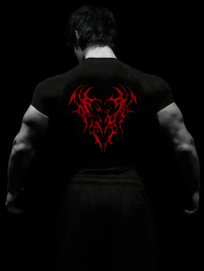 1 Count Men's Gothic Gym Sports T-Shirt, Long Sleeve Sports Tee, Running, Cycling, Fitness Training Tops, Athletic Sports Clothing