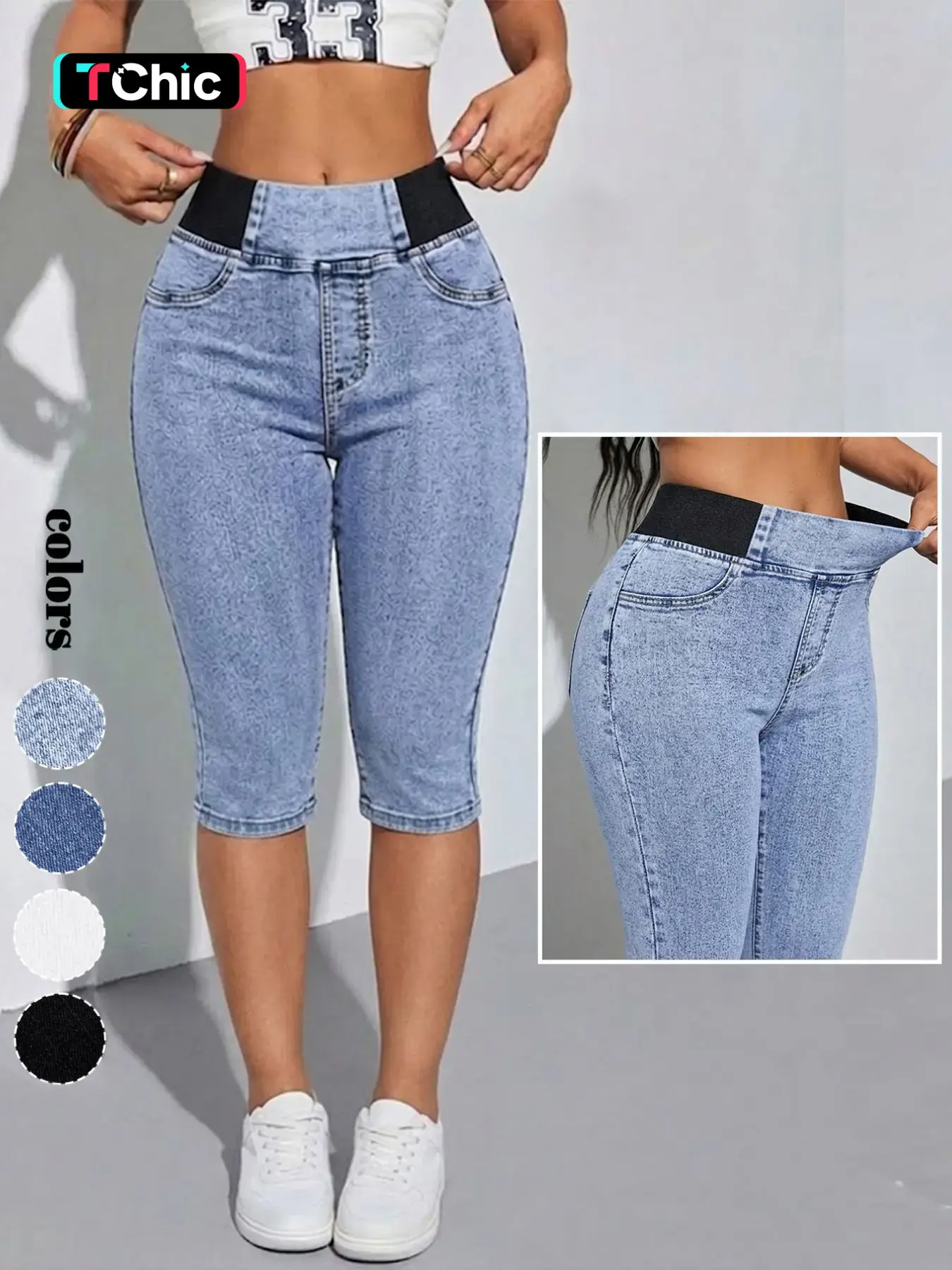 GILIPUR Women's Solid Color Mid-Rise Stretch Denim Capri Pants, Elastic Waistband Slim Fit Skinny Capris Jeans, Casual Comfortable Pull On Jean Trousers for Summer, Daily & Outdoor TChic