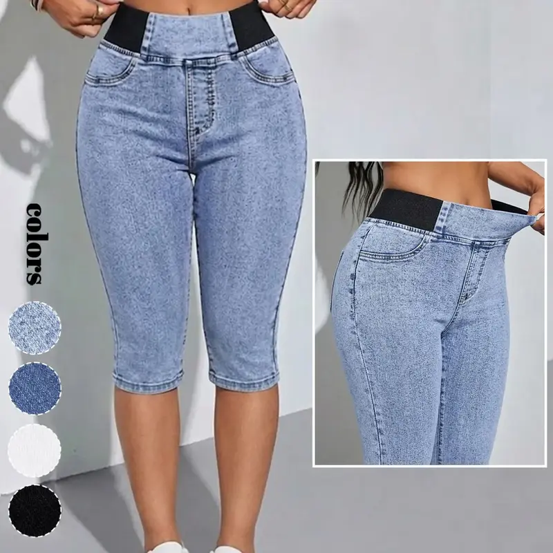 GILIPUR Women's Solid Color Mid-Rise Stretch Denim Capri Pants, Elastic Waistband Slim Fit Skinny Capris Jeans, Casual Comfortable Pull On Jean Trousers for Summer, Daily & Outdoor TChic Stretchy Denim Jeans