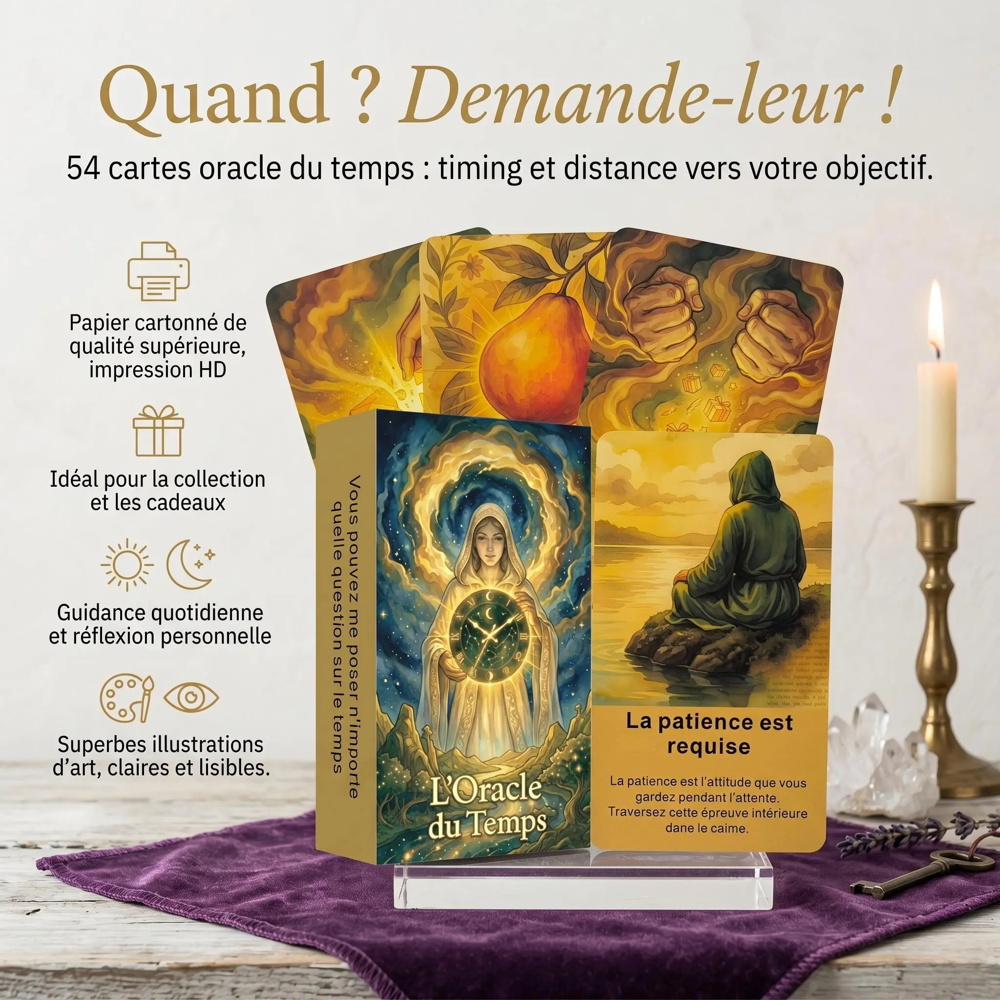 French Time Oracle Cards, Premium Cards, 54 Timing Prediction Tarot Cards, Divination Tool, Energy Guidance, Planning Development, Reveal Goal Distance