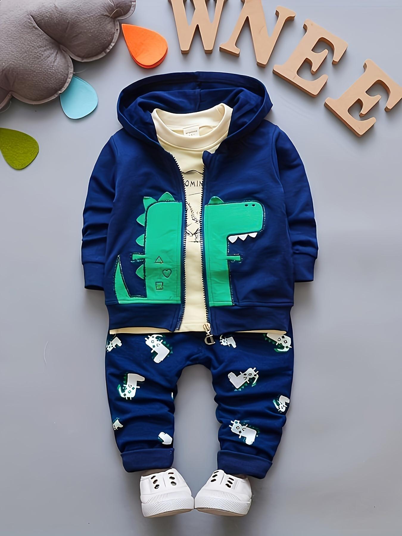 3pcs Boys' Dinosaur Print Hoodie & Pants Set - Green Dino Matching Outfit with White Piping Hooded Jacket, Elastic Waist Pants & Dino Pocket |         Spring/Fall Casual Wear for Baby Boys & (Easy-Care 3pcs Costume), Perfect for Outdoor
