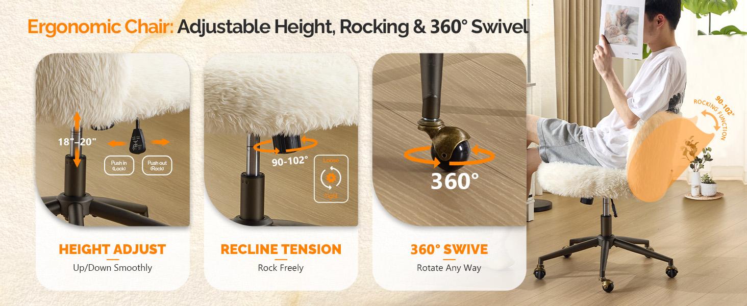 VINGLI Plush Upholstery Vanity Desk Chair with Curved Back & 90-102° Tilt &Adjustable Height, Cute Rolling Chair with Bronze Base & Golden-Bronze 360° Swivel Wheels for Makeup &Home Office,White Cream