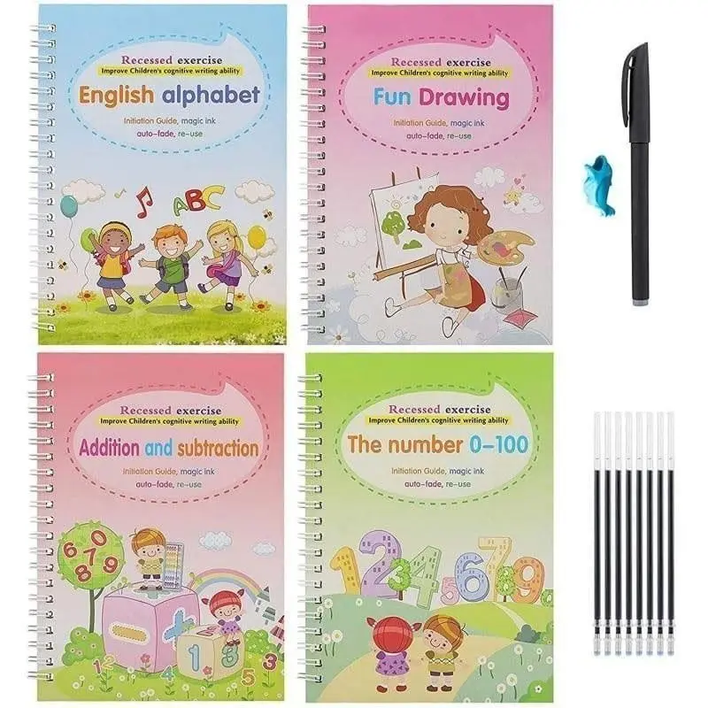 Children's Handwriting Practice Book Set (4 books + 1 grip + 1 pen + 8 cores) Magical grooved handwriting practice pen, reusable number and letter tracing books, are exquisite gifts for early education and pre-school learning activities.