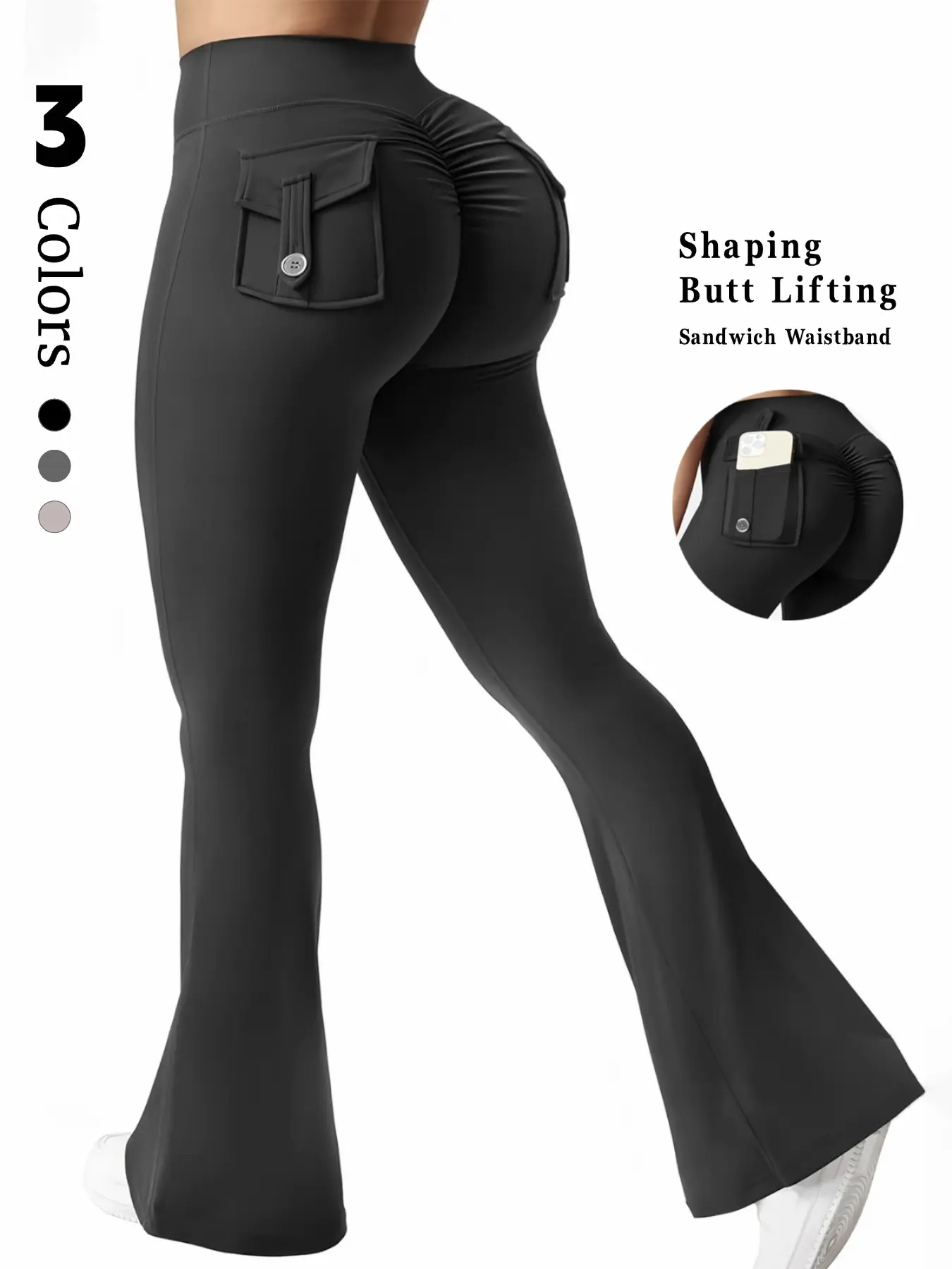 High Stretch Bare Feel Micro Flare Sport Yoga Pants, High Waist Activewear, Peach Butt Tummy Control Workout Pants with Pockets, Ideal for Dance Gym Outdoor Running, Elastic Running Pants