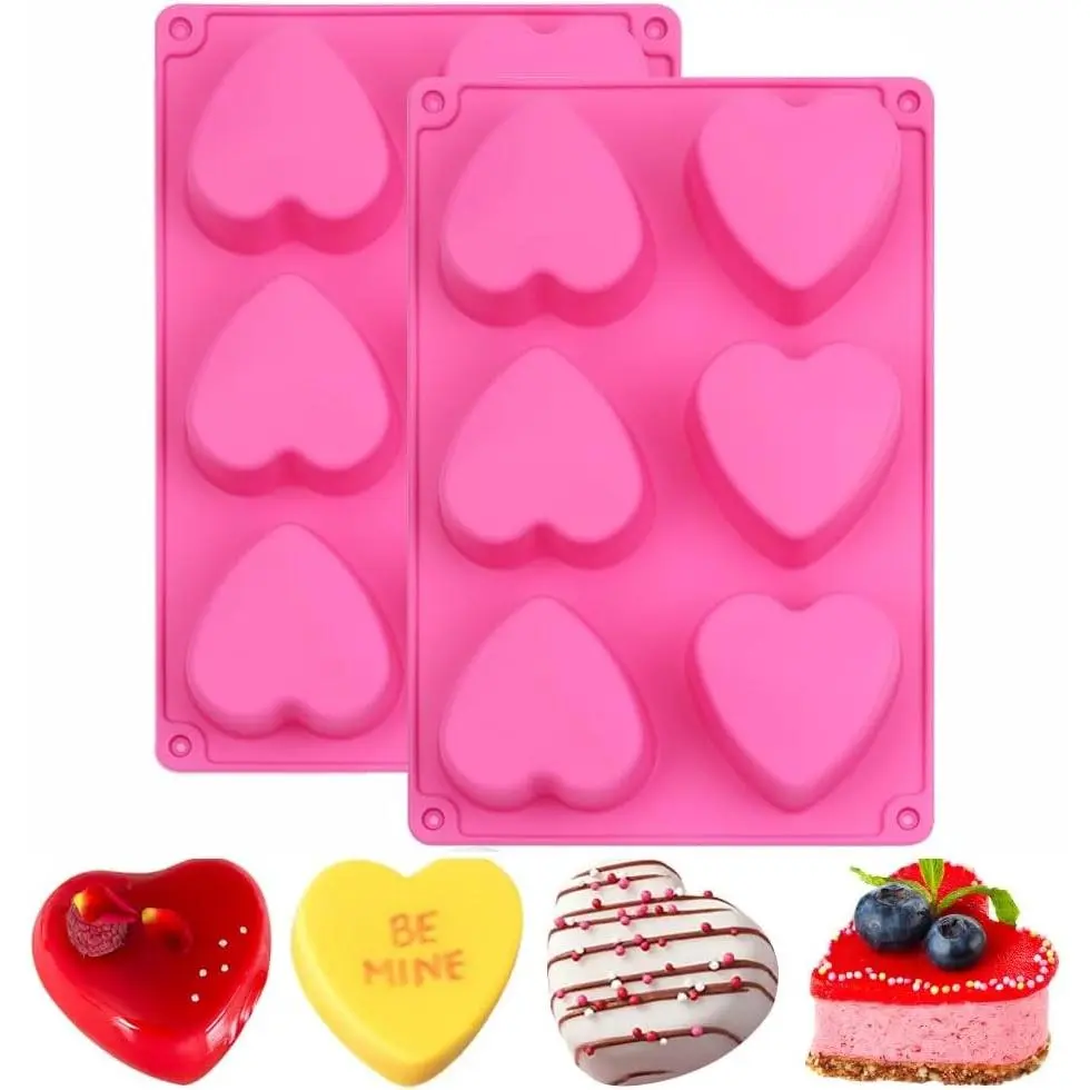 BAKER DEPOT 6 Holes Heart Shaped Silicone Mold For Chocolate Cake Jelly Pudding Handmade Soap Mould Candy Making Set of 2