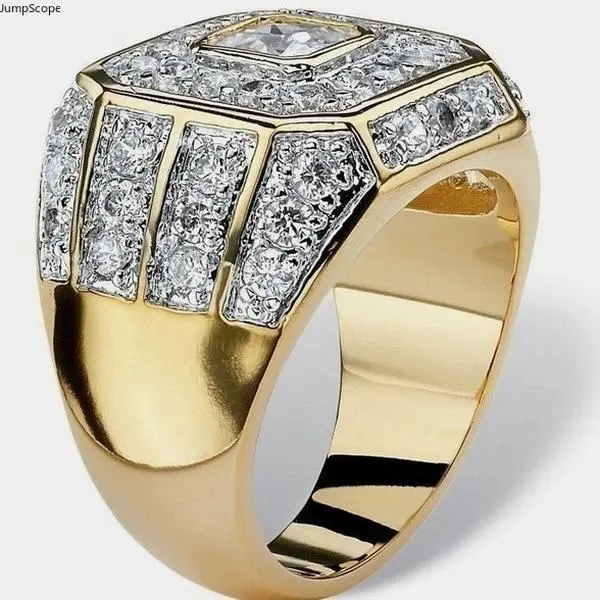 Men Square Paved Cubic Zirconia Hip Hop Statement Ring, Two-Tone Gold & Silver Plated Iced Out Cluster Stone Band, Luxury Bling Fashion Jewelry for Street Style, Party Wear & Daily Hip-Hop Outfits