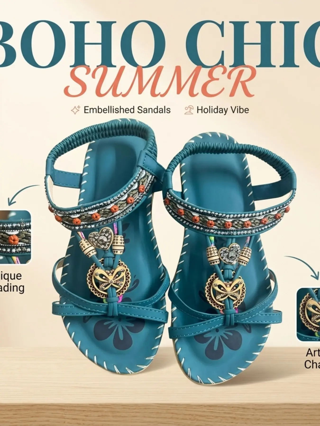 Women's Bohemian Sandals, Colorful Beaded Ethnic Embroidery Summer Flat Shoes, Santorini Resort Luxury, Beach, Travel, Daily Wear