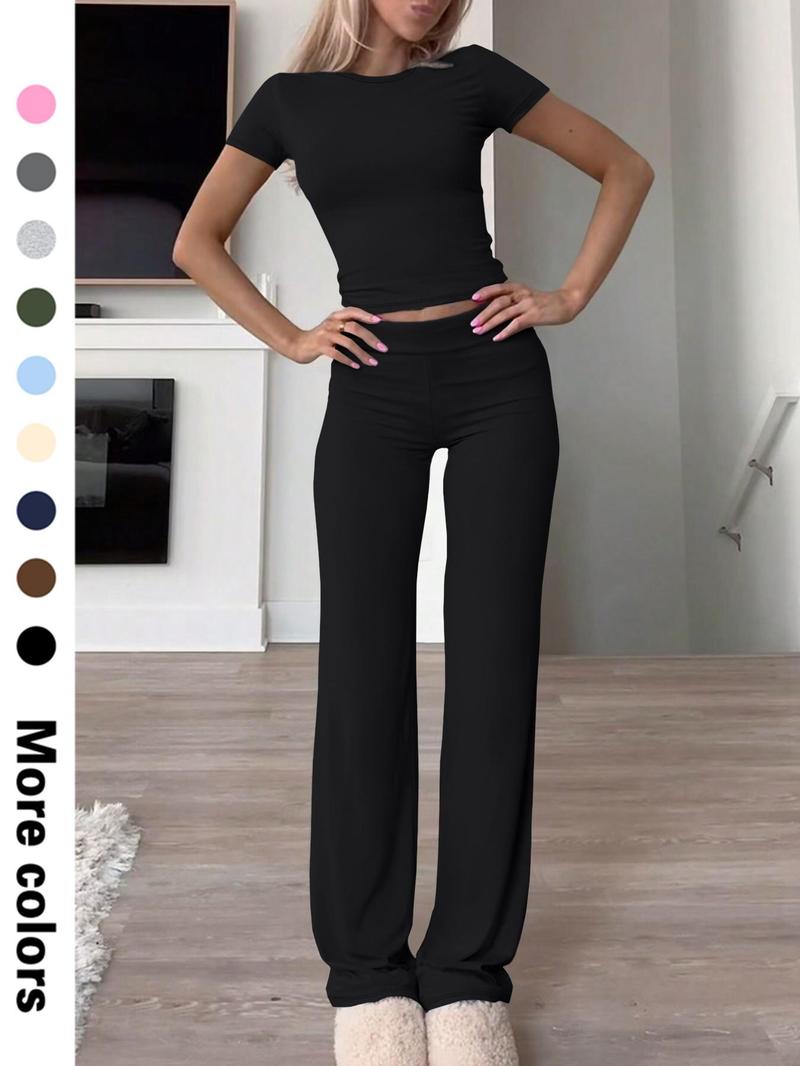 Women's Solid Crop Tee & Flare Leg Pants Two-piece Set, Casual Fashion Cozy Breathable Two Piece Outfits for Daily Outdoor Wear, Ladies Clothes for All Seasons