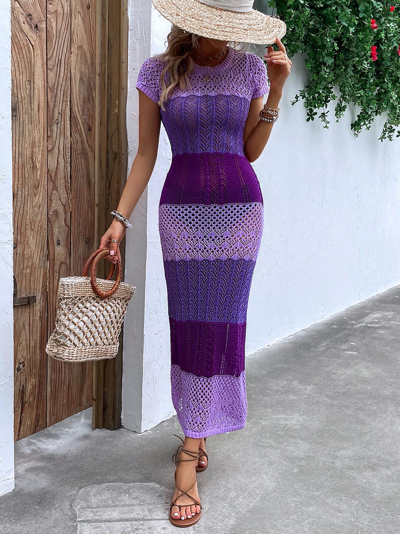 Spring Summer Elegant Knit Short Sleeve Round Neck Cut Out Long Dress, Casual Comfy Chic Striped Beach Vacation Dress, Fitted Style