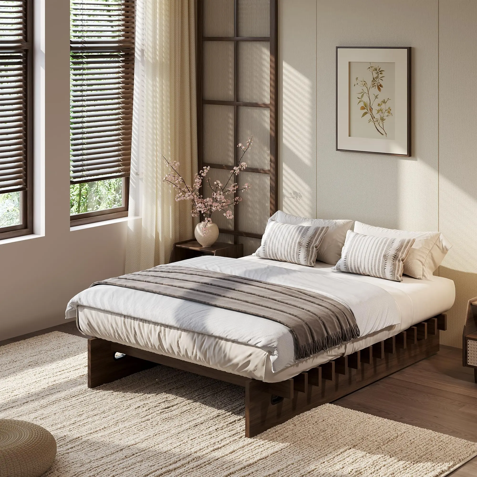 Low-Profile Wood Platform Bed Frame with Slat Support, Floor Bed Design, No Box Spring Needed, Fast Easy Assembly