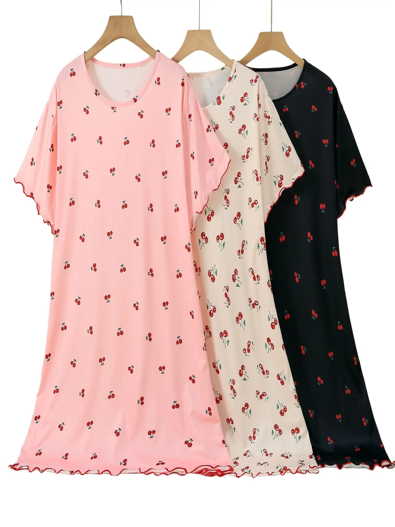 3-Pack Short Sleeve Summer Nightdresses, Loose Fit Cherry Print, Casual Round Neck, Comfortable Home Wear Loungewear, Rolled Hem, Women's Sleepwear