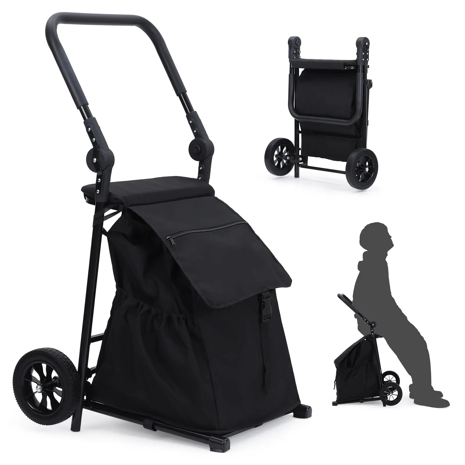 GARVEE Foldable 2-in-1 Shopping Cart with Wheels, 350 lbs Utility Carts with Seat, Adjustable Hand Truck with Waterproof Bag for Shopping