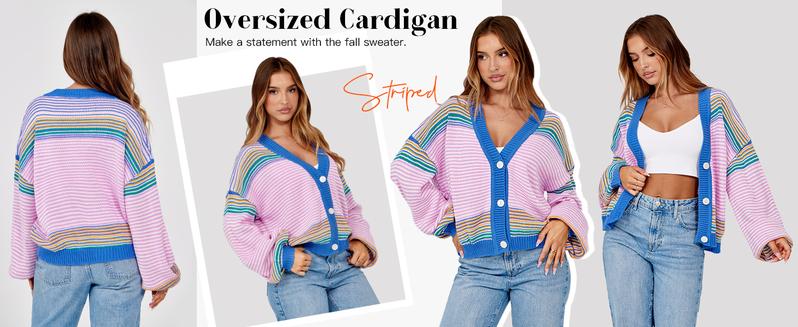 lmily Bela Womens Striped Cardigan Sweaters Oversized Puff Sleeve Button Up V Neck Color Block Knit Sweater Coat