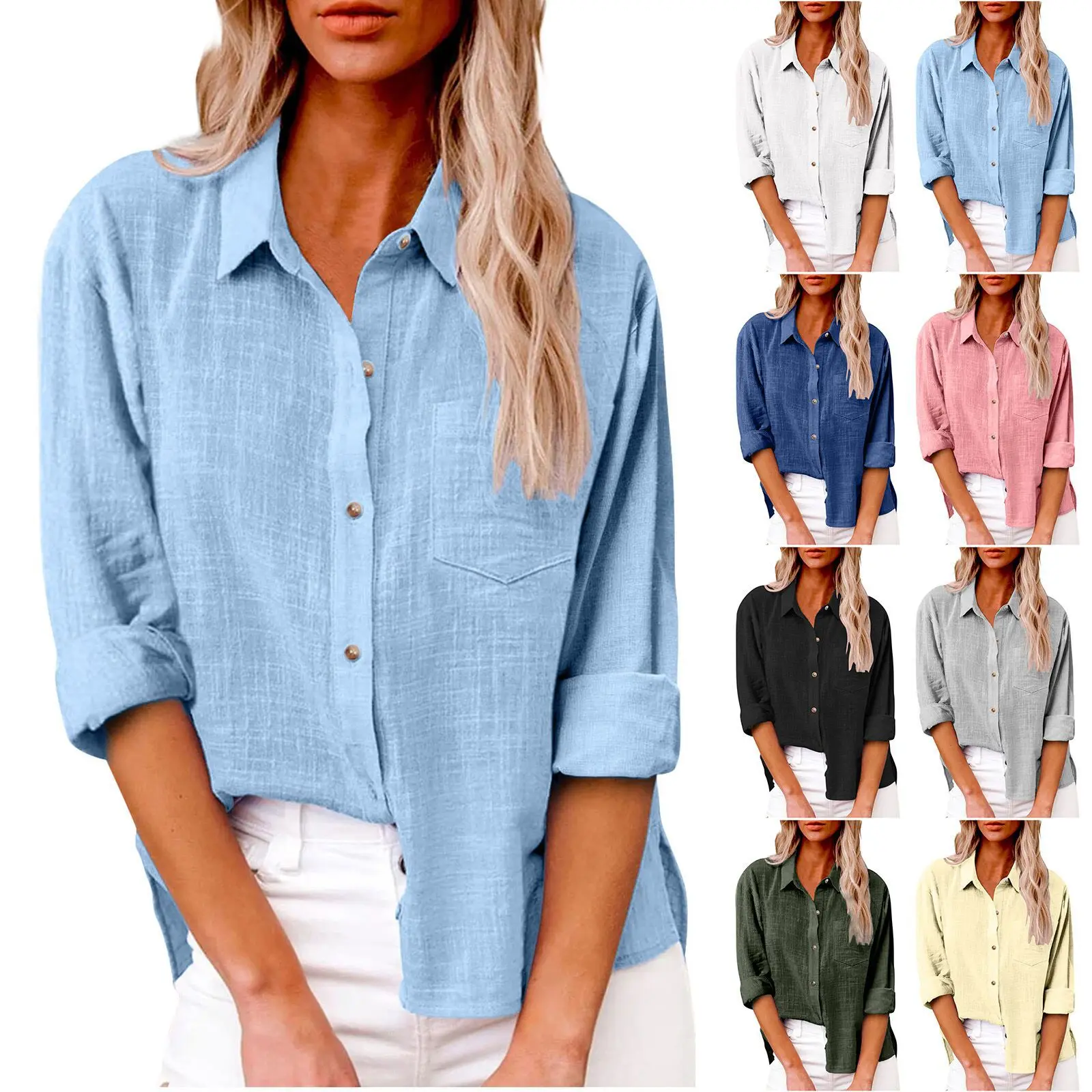 Women’s Relaxed Cotton-Linen Button-Down Shirt – Long Sleeve Collared Blouse with Chest Pocket, Side Slits and Roll-Up Cuffs, Lightweight Casual Fall Top for Work, Travel and Everyday Wear