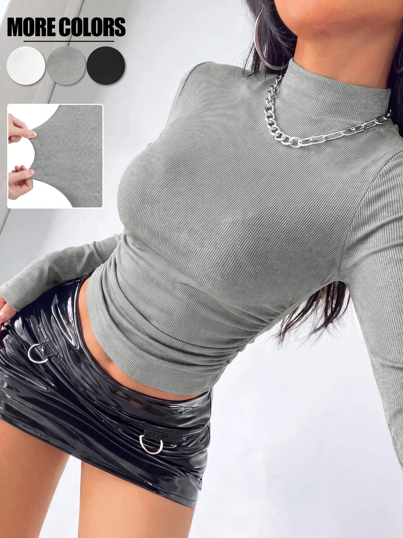 Women's Ribbed Long Sleeve Top, Slim Fit Crew Neck Tee with Ruched Waist, Stretchy Casual Basic Shirt for Spring Autumn Everyday Wear